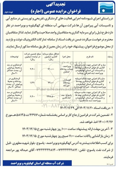 تجدید فراخوان مزایده ساز و کار اجرایی جهت جذب سرمایه گذاری طرحهای گردشگری پهنه ها و تاسیسات آبی استان.. - نوبت دوم