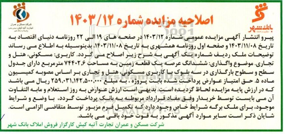 اصلاحیه مزایده فروش املاک مازاد بانک شهر