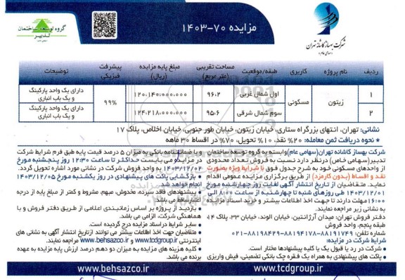 مزایده فروش تعدادی از واحدهای مسکونی پروژه زیتون