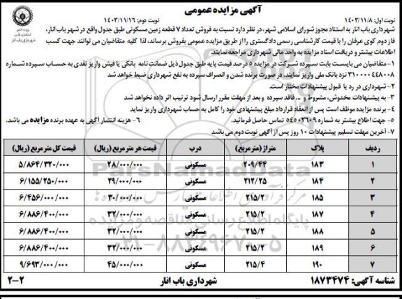 مزایده فروش تعداد 7 قطعه زمین مسکونی نوبت دوم