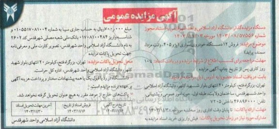 مزایده فروش 12 دستگاه خودروی سواری (پژو 405، وانت مزدا، سمند، پراید)
