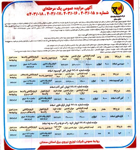 مزایده عمومی لوازم اسقاط و مازاد شامل سیم مسی، کابل آلومینیوم و....