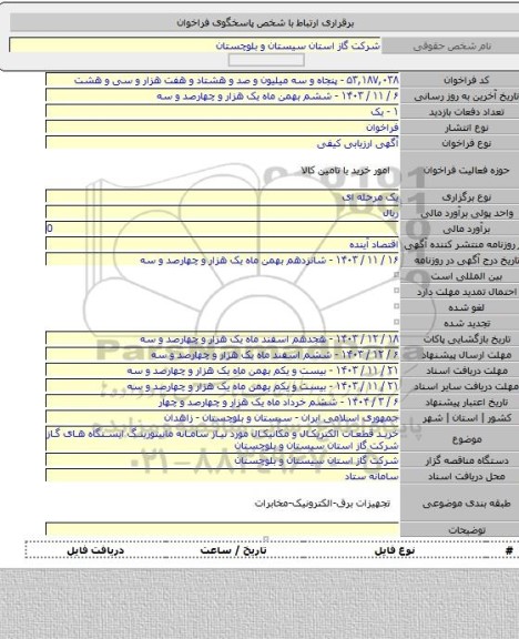 مناقصه, خرید قطعات الکتریکال و مکانیکال مورد نیاز سامانه مانیتورینگ ایستگاه های گاز شرکت گاز استان سیستان و بلوچستان