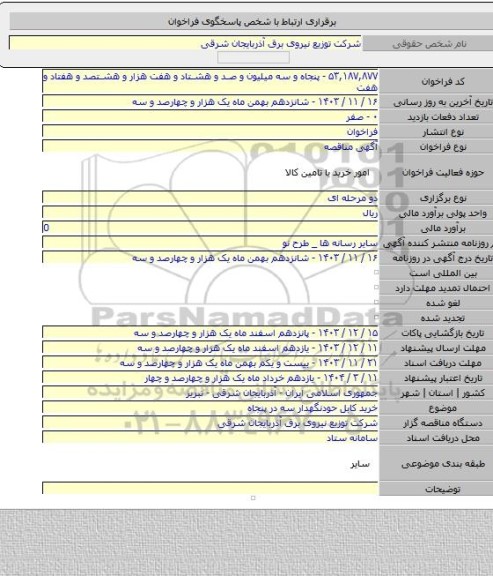 مناقصه, خرید کابل حودنگهدار سه در پنجاه