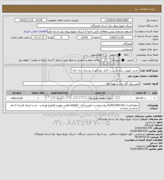 استعلام تجدید تعویض سیم مسی با کابل خودنگهدار روستای چاه خرگ