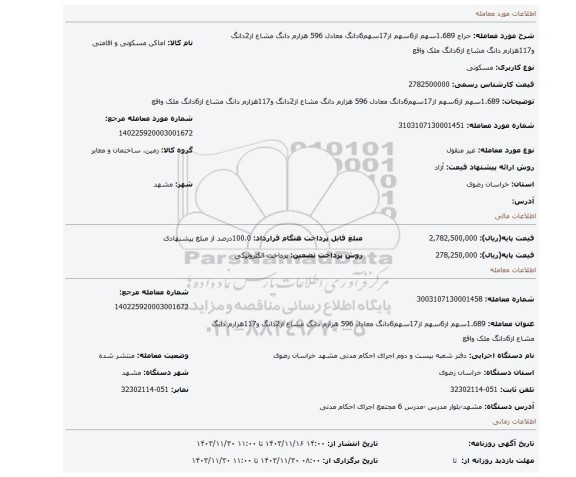 مزایده، 1.689سهم از6سهم از17سهم6دانگ معادل 596 هزارم دانگ مشاع از2دانگ و117هزارم دانگ مشاع از6دانگ ملک واقع