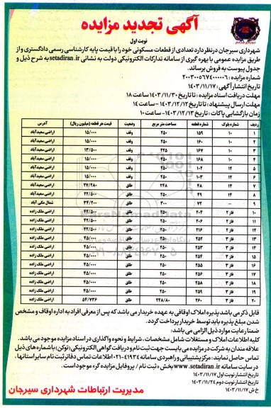 مزایده فروش تعدادی از قطعات مسکونی
