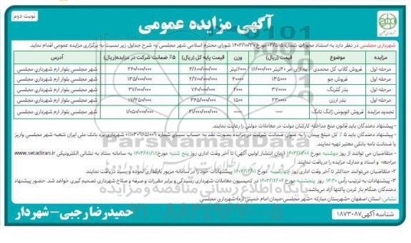 مزایده فروش گلاب گل محمدی...- نوبت دوم