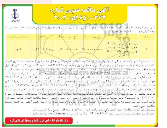 مناقصه پروژه جمع آوری و هدایت آب های سطحی و حفره چاه جذبی سطح