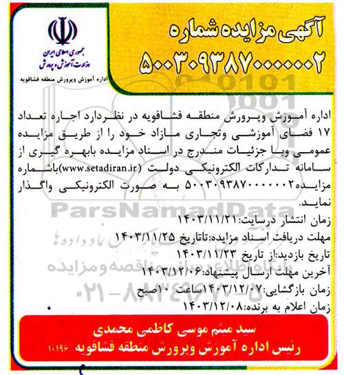 مزایده اجاره تعداد 17 فضای آموزشی و تجاری مازاد