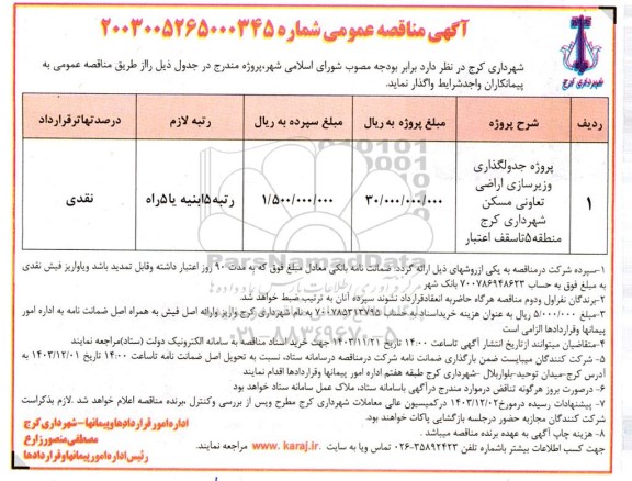 مناقصه پروژه جدولگذاری و زیرسازی اراضی تعاونی مسکن شهرداری