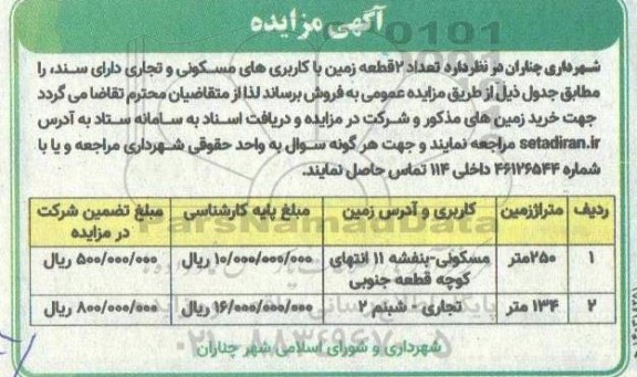 مزایده تعداد 2 قطعه زمین با کاربری های مسکونی و تجاری