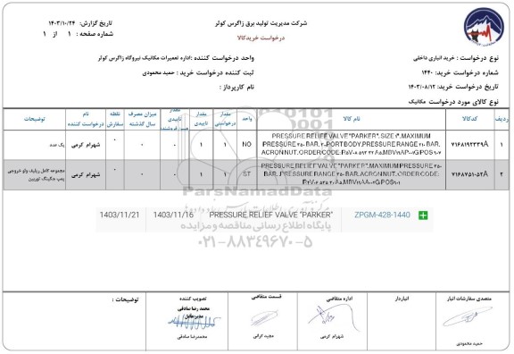 استعلام PRESSURE RELIEF VALVE PARKER