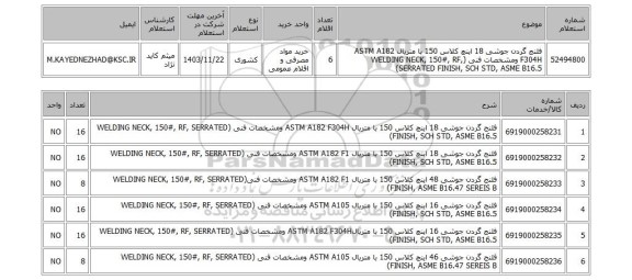 استعلام فلنج گردن جوشی 18 اینچ کلاس 150 با متریال ASTM A182 F304H ومشخصات فنی (WELDING NECK, 150#, RF, SERRATED FINISH, SCH STD, ASME B16.5)