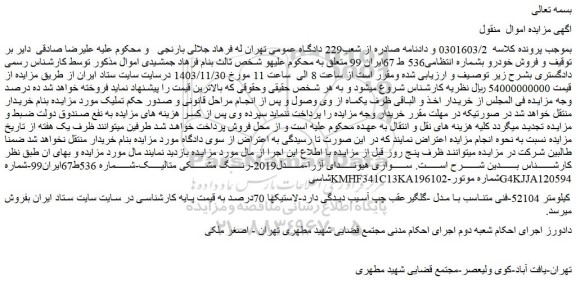 مزایده خودرو سواری هیوندای آزرا-مدل2019-رنگ مشکی متالیک