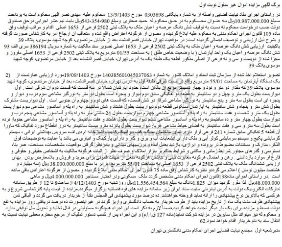 مزایده شش دانگ عرصه و اعیان ملک به پلاک ثبتی 2502 فرعی از 1653 اصلی