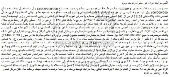 مزایده شش دانگ عرصه و اعیان زمین با بنای احداثی به مساحت 769/16متر مربع به پلاک ثبتی 11124 فرعی از 160 اصلی