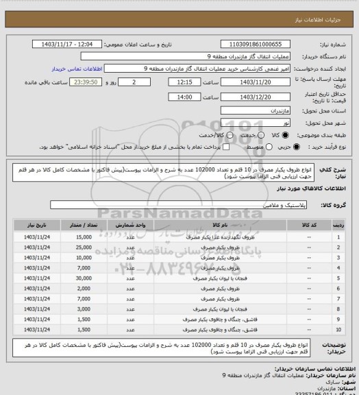 استعلام انواع ظروف یکبار مصرف در 10 قلم و تعداد 102000 عدد به شرح و الزامات پیوست(پیش فاکتور با مشخصات کامل کالا در هر قلم جهت ارزیابی فنی الزاما پیوست شود)