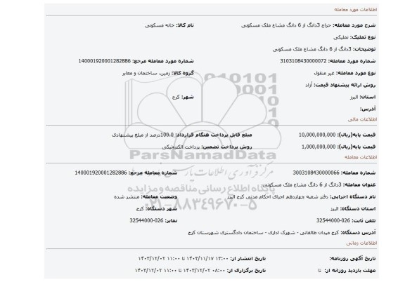 مزایده، 3دانگ از 6 دانگ مشاع ملک مسکونی