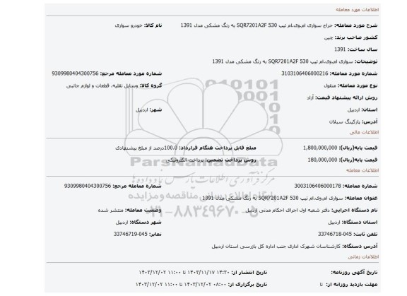 مزایده، سواری ام.وی.ام تیپ 530 SQR7201A2F به رنگ مشکی مدل 1391