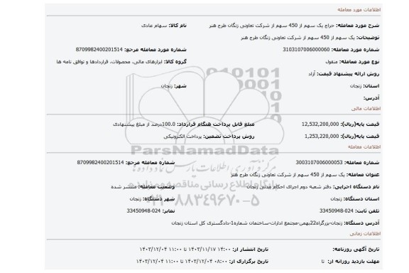 مزایده، یک سهم از 450 سهم از شرکت تعاونی زنگان طرح هنر