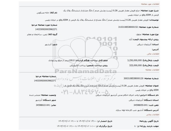 مزایده، فروش مقدار تقریبی 0.26 (بیست وشش صدم ) دانگ مشاع از ششدانگ پلاک یک فرعی از 6594 واقع در خیابان پلیس