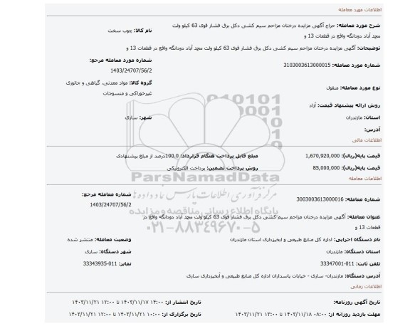 مزایده، آگهی مزایده درختان مزاحم سیم کشی دکل برق فشار قوی 63 کیلو ولت محمد آباد دودانگه واقع در قطعات 13 و