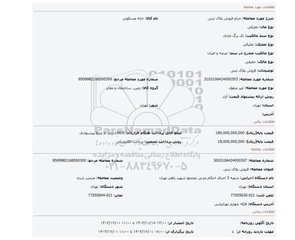مزایده، فروش پلاک ثبتی
