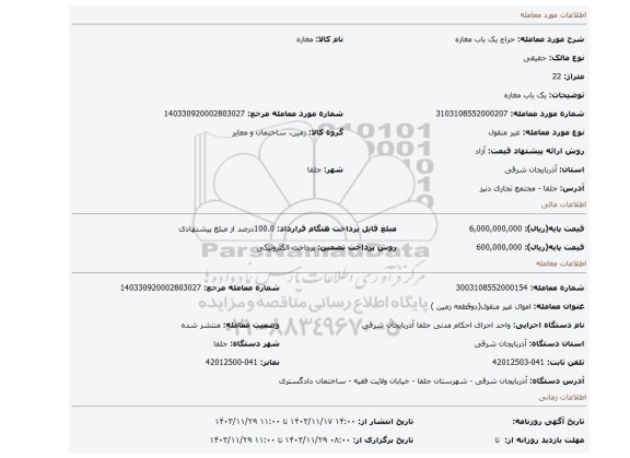 مزایده، یک باب مغازه