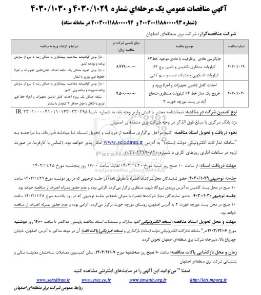 مناقصه جایگزینی هادی پرظرفیت با هادی ....