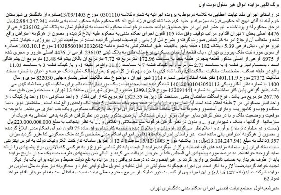 مزایده آپارتمان به پلاک ثبتی 236102 فرعی از 4476 اصلی