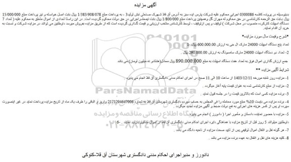 مزایده تعداد پنج دستگاه اسپیلت 24000 مارک ال جی و...