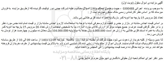مزایده تعداد 26 سرویس 15 پارچه جا ادویه کمر باریک به همراه استند فلزی طلایی