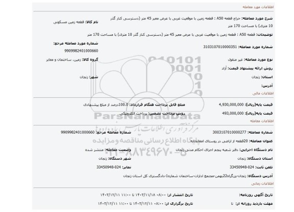مزایده، قطعه A50 : قطعه زمین با موقعیت غربی با عرض معبر 45 متر (دسترسی کنار گذر 10 متری) با مساحت 170 متر