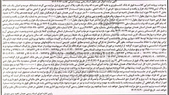 مزایده ششدانگ عرصه و اعیان یک باب خانه به پلاک ثبتی 1165 فرعی از یک اصلی به مساحت 200 مترمربع 