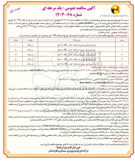 مناقصه خرید انواع ترانسفورماتور توزیع کم تلفات AB- 
