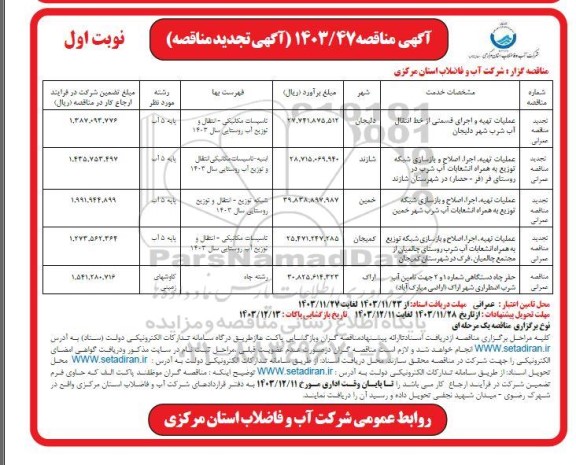تجدید مناقصه عملیات تهیه و اجرای قسمتی از خط انتقال آب شرب ...