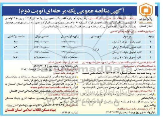 مناقصه اجرای کلید تحویل بلوک ها - نوبت دوم