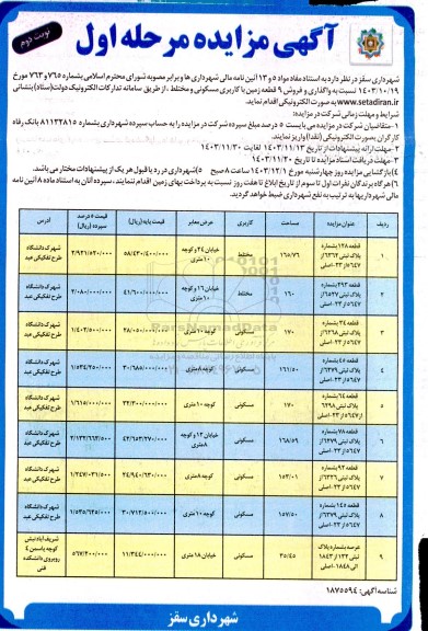 مزایده واگذاری و فروش 9 قطعه زمین با کاربری مسکونی و مختلط - مرحله اول نوبت دوم