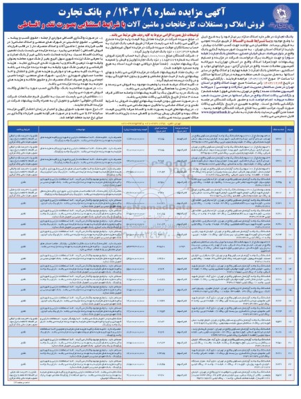 مزایده فروش املاک و مستغلات، کارخانجات و ماشین آلات با شرایط استثنایی بصورت نقد و اقساطی
