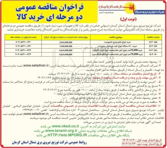 مناقصه خرید انواع تابلو توزیع کامپوزیت....