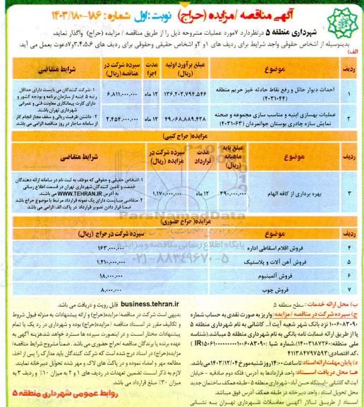 مناقصه و مزایده احداث دیوار حائل و رفع نقاط حادثه خیز...