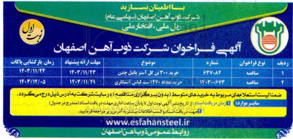 فراخوان خرید 300 تن گل آستر پاتیل چدن...