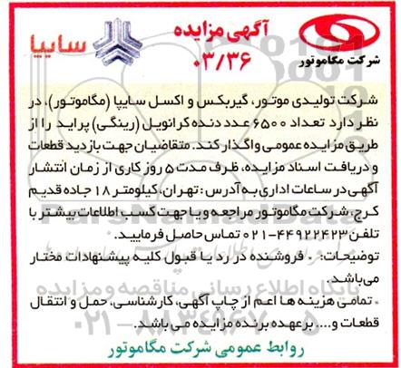مزایده تعداد 6500 عدد دنده کرانویل (رینگی) پراید 