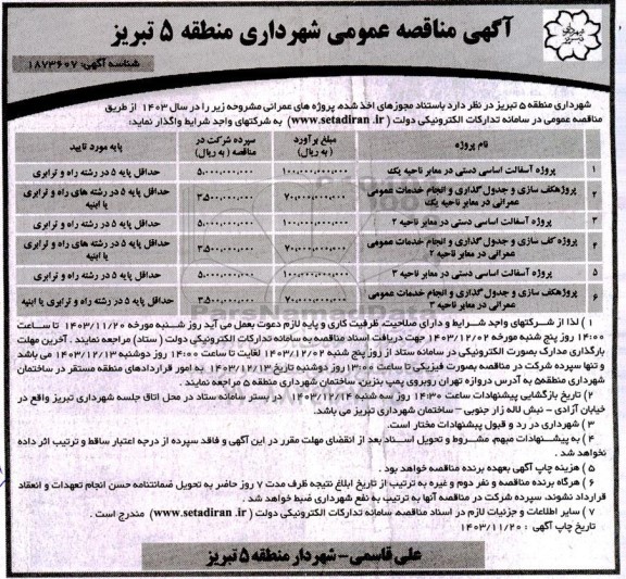 مناقصه پروژه آسفالت اساسی دستی در معابر ناحیه یک ....