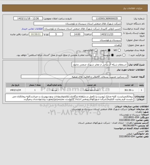 استعلام استعلام شبکه آب برخی از معابر شهرک صنعتی چابهار