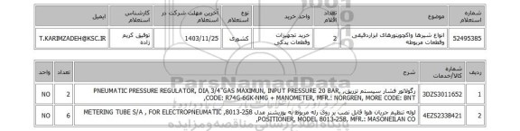 استعلام انواع شیرها واکچویتورهای ابزاردقیقی وقطعات مربوطه