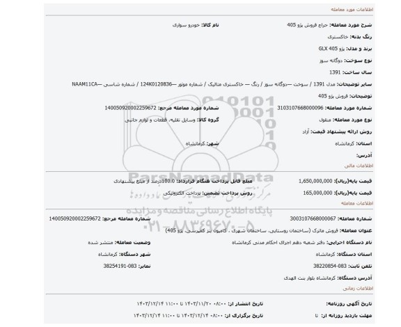 مزایده، فروش پژو 405