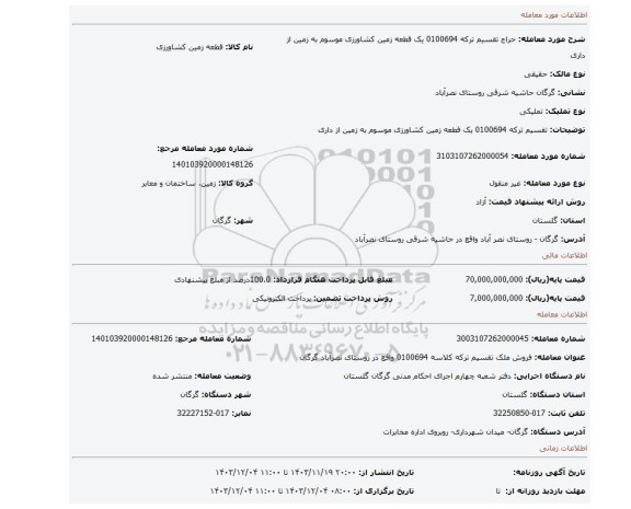 مزایده، تقسیم ترکه 0100694 یک قطعه زمین کشاورزی موسوم به زمین از داری