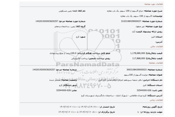 مزایده، 5سهم از 100 سهم. یک باب مغازه